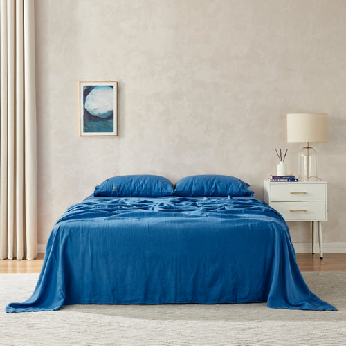 100% European Flax Linen Sheet Set Deep Blue