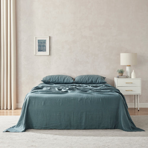 100% European Flax Linen Sheet Set Washed Blue
