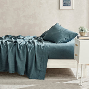 100% European Flax Linen Sheet Set Washed Blue