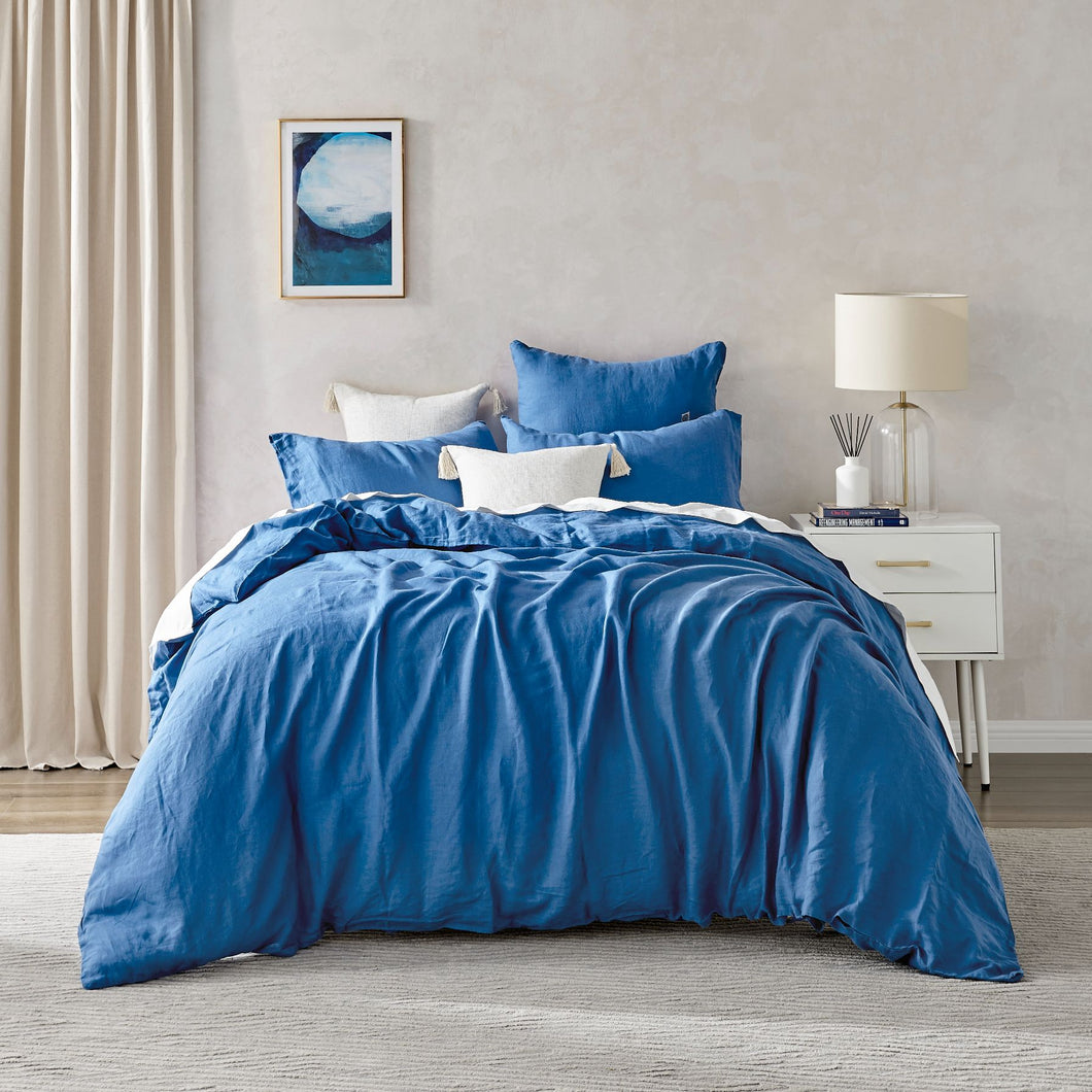 100% European Flax Linen Quilt Cover Set Deep Blue