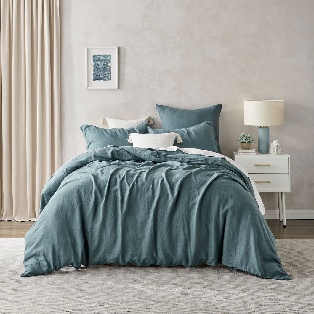 100% European Flax Linen Quilt Cover Set Washed Blue