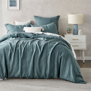 100% European Flax Linen Quilt Cover Set Washed Blue