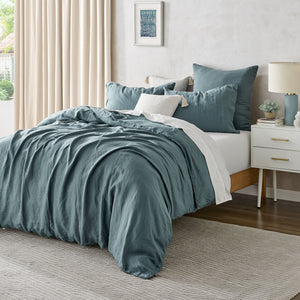 100% European Flax Linen Quilt Cover Set Washed Blue