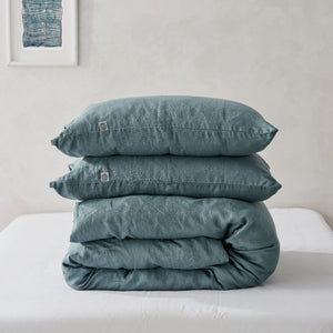 100% European Flax Linen Quilt Cover Set Washed Blue
